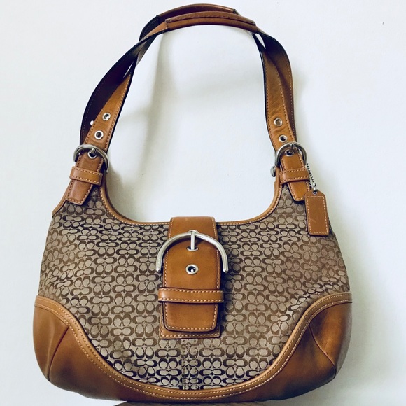 Coach Handbags - Coach Signature Khaki Jacquard & Leather Hobo Bag